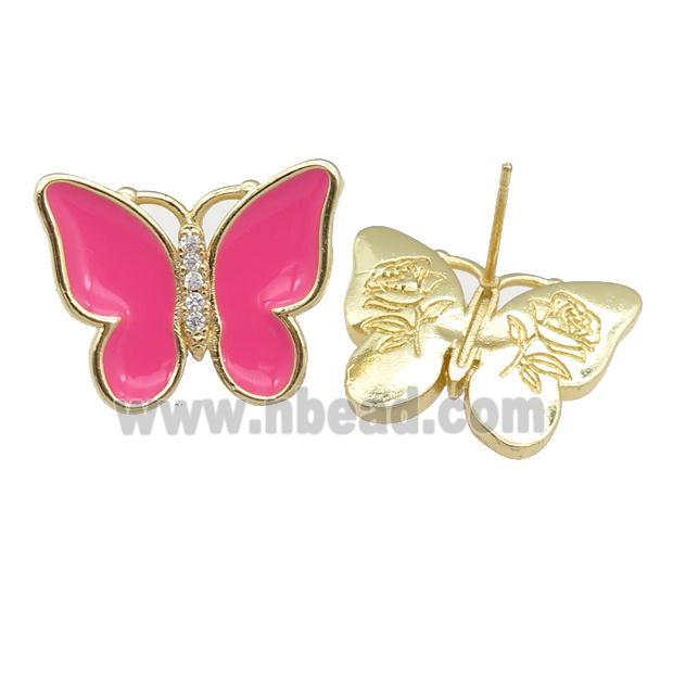 copper butterfly Stud Earring with hotpink enamel, gold plated