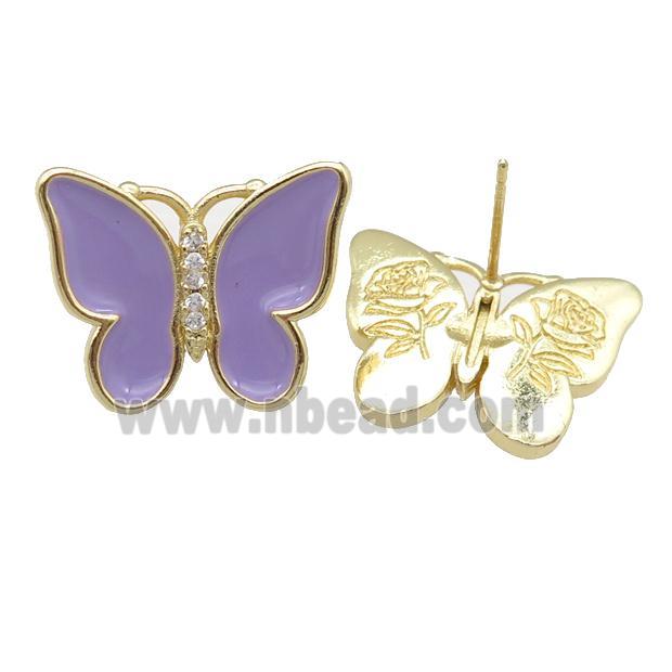copper butterfly Stud Earring with lavender enamel, gold plated