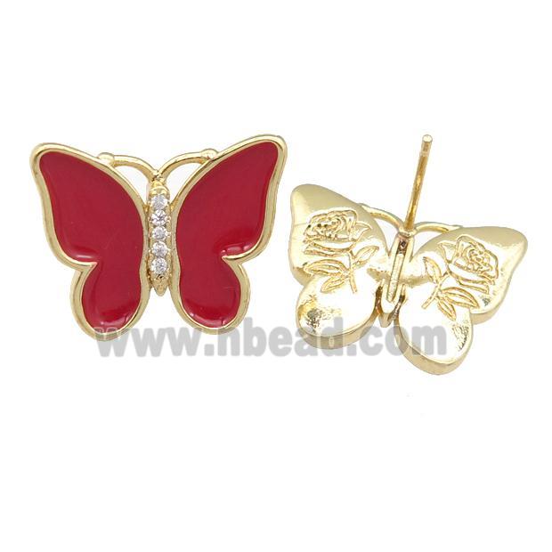 copper butterfly Stud Earring with red enamel, gold plated