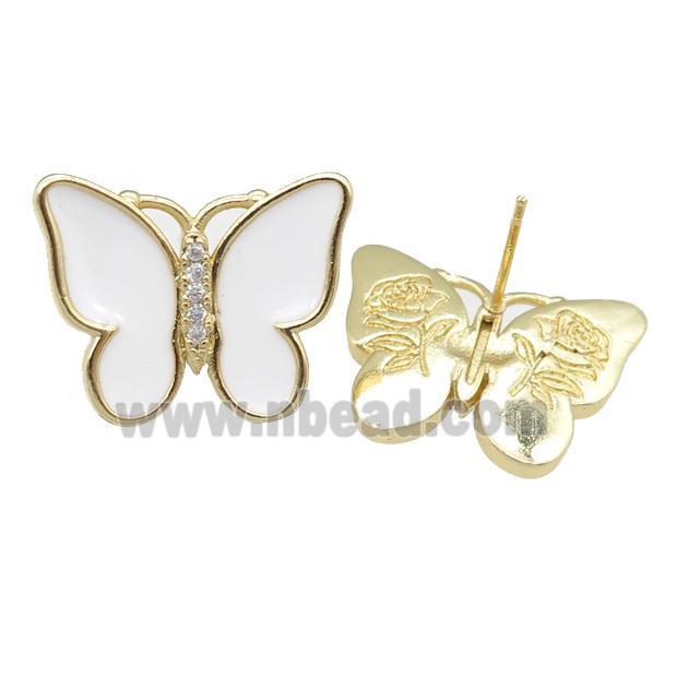 copper butterfly Stud Earring with white enamel, gold plated