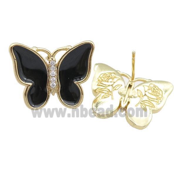 copper butterfly Stud Earring with black enamel, gold plated
