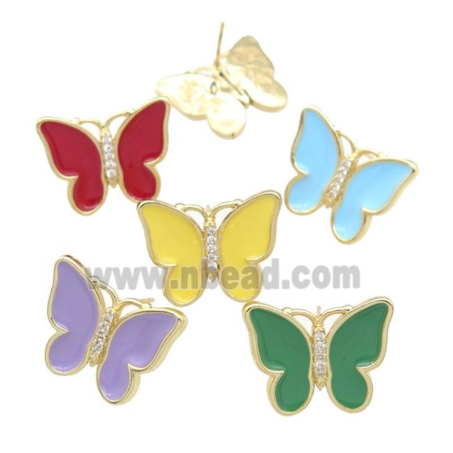 copper butterfly Stud Earring with enamel, gold plated, mixed