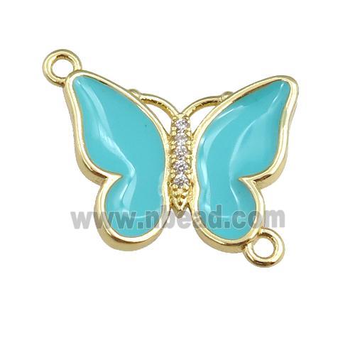 copper butterfly connector with teal enamel, gold plated