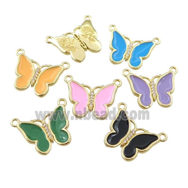 copper butterfly pendant with enamel, 2loops, gold plated, mixed
