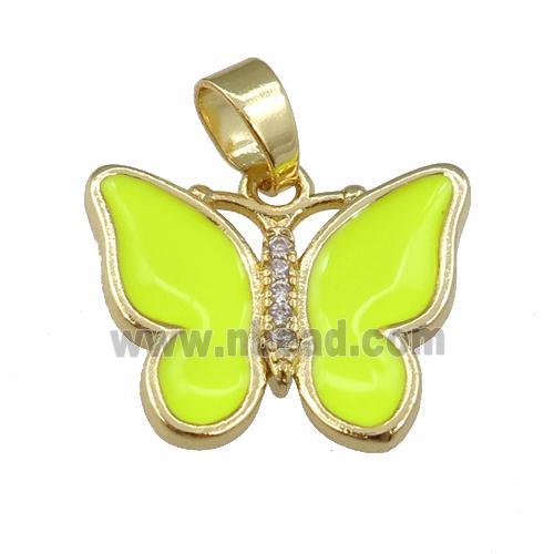 copper butterfly pendant with nenoyellow enamel, gold plated