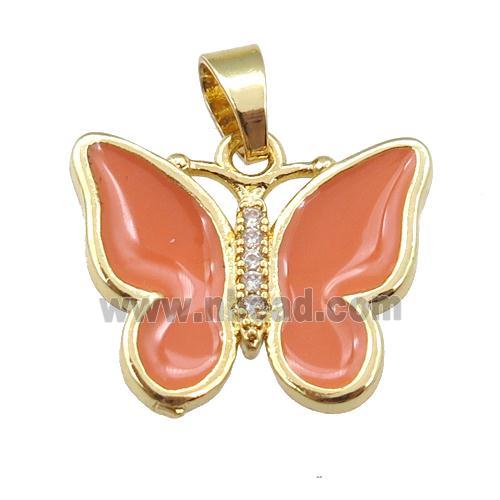copper butterfly pendant with orange enamel, gold plated