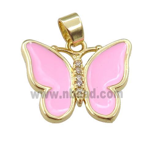 copper butterfly pendant with pink enamel, gold plated
