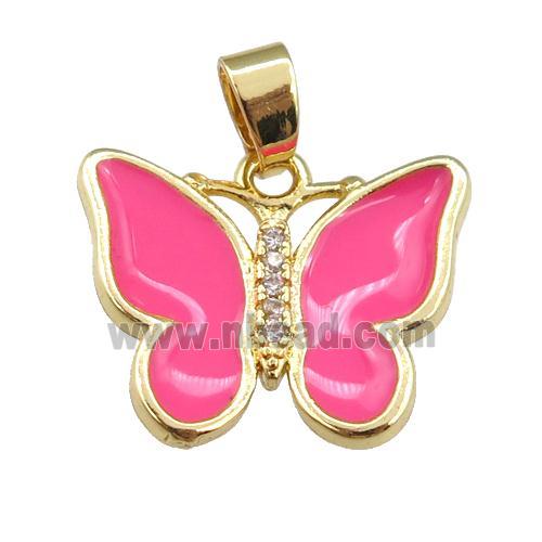 copper butterfly pendant with hotpink enamel, gold plated