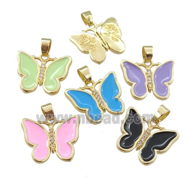 copper butterfly pendant with enamel, gold plated, mixed