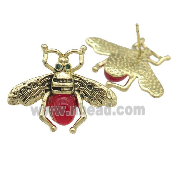 copper honeybee Stud Earring with red cats eye stone, antique gold