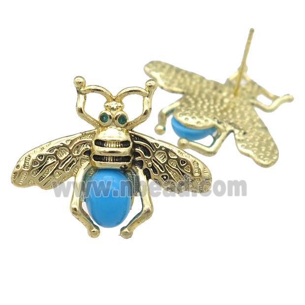 copper honeybee Stud Earring with turqblue cats eye stone, antique gold