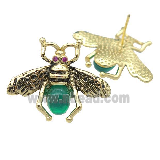 copper honeybee Stud Earring with green cats eye stone, antique gold