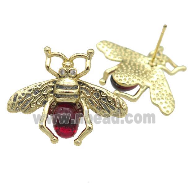 copper honeybee Stud Earring with red cats eye stone, antique gold