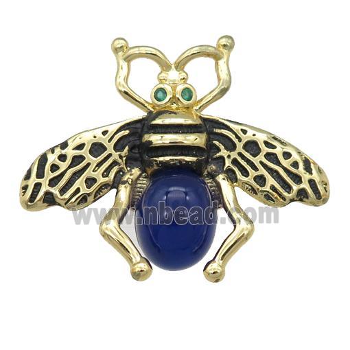 copper honeybee Connector with blue cats eye stone, antique gold