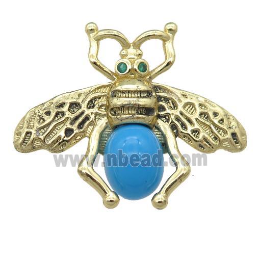 copper honeybee Connector with turqblue cats eye stone, antique gold