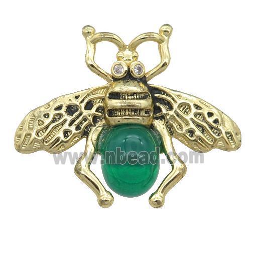 copper honeybee Connector with green cats eye stone, antique gold