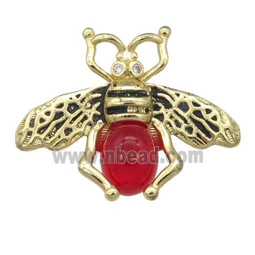 copper honeybee Connector with red cats eye stone, antique gold