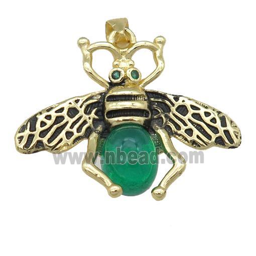 copper honeybee Pendant with green cats eye stone, antique gold