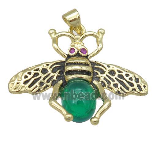 copper honeybee Pendant with green cats eye stone, antique gold