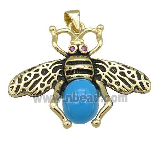 copper honeybee Pendant with turqblue cats eye stone, antique gold
