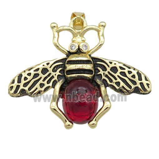 copper honeybee Pendant with red cats eye stone, antique gold