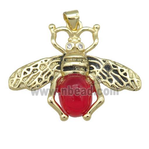 copper honeybee Pendant with red cats eye stone, antique gold