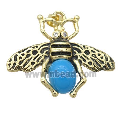 copper honeybee Pendant with turqblue cats eye stone, antique gold