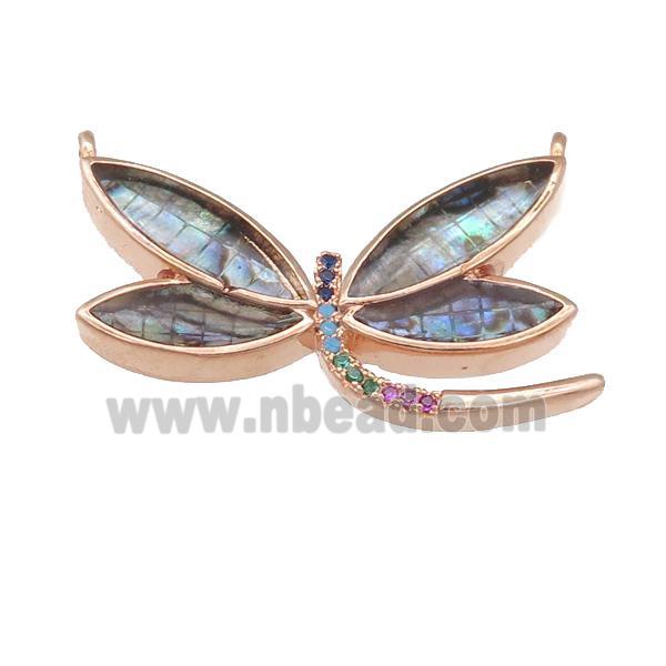 copper Dragonfly pendant pave zircon, abalone shell, rose gold