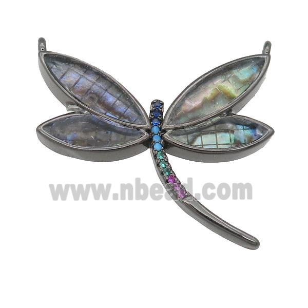 copper Dragonfly pendant pave zircon, abalone shell, black plated