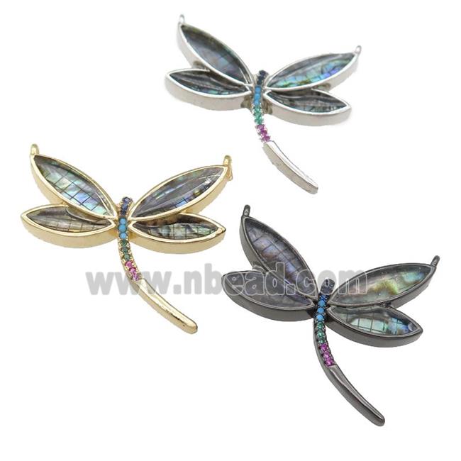 copper Dragonfly pendant pave zircon, abalone shell, mixed