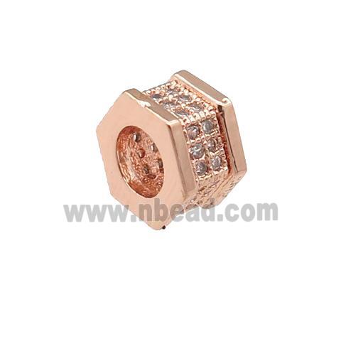 copper hexagon beads pave zircon, large hole, rose gold