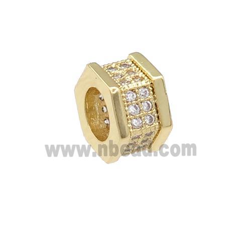 copper hexagon beads pave zircon, large hole, gold plated