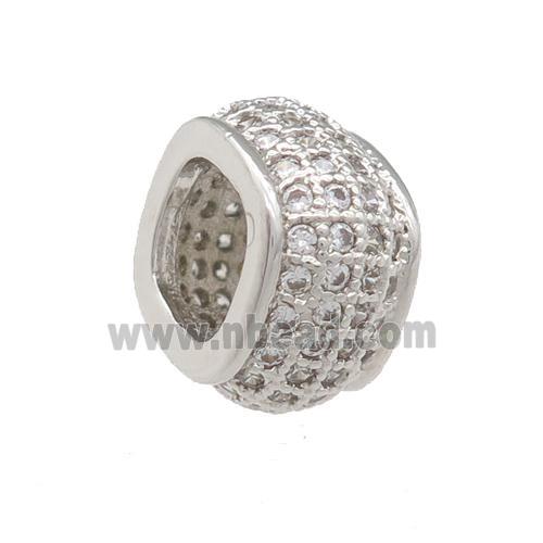 copper rondelle beads pave zircon, large hole, platinum plated