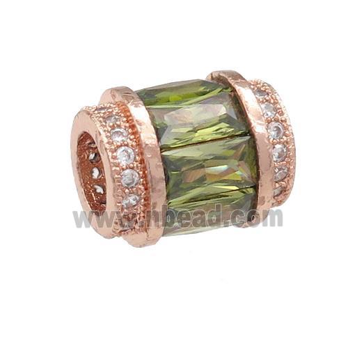copper tube beads pave green zircon, large hole, rose gold