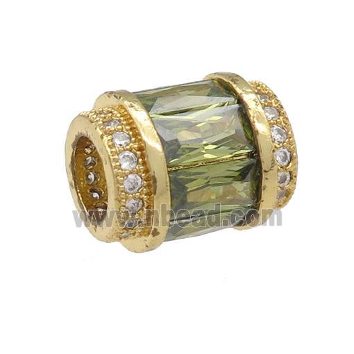 copper tube beads pave green zircon, large hole, gold plated