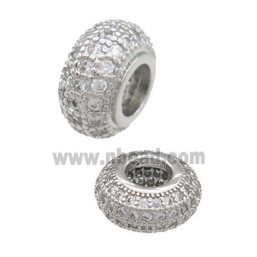 copper rondelle beads pave zircon, large hole, platinum plated