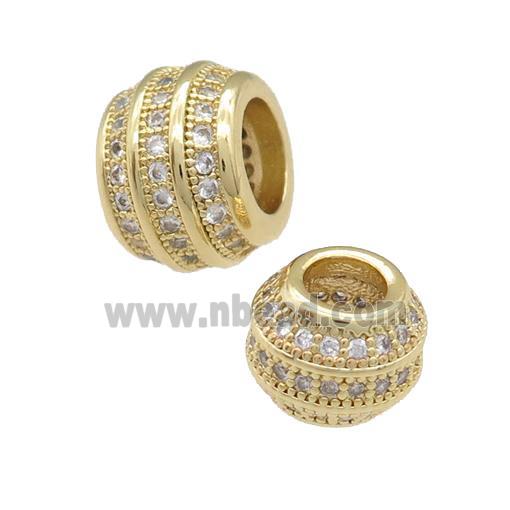 copper barrel beads pave zircon, large hole, gold plated