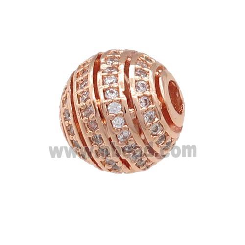 copper round beads pave zircon, large hole, hollow, rose gold