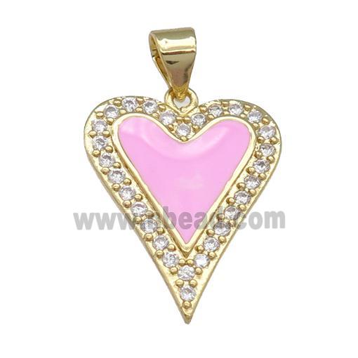 copper heart pendant pave zircon, pink enamel, gold plated