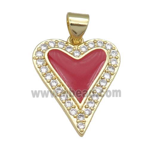 copper heart pendant pave zircon, red enamel, gold plated