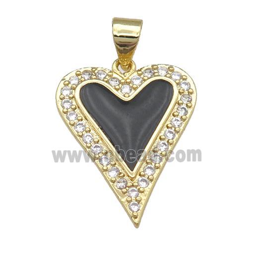 copper heart pendant pave zircon, black enamel, gold plated