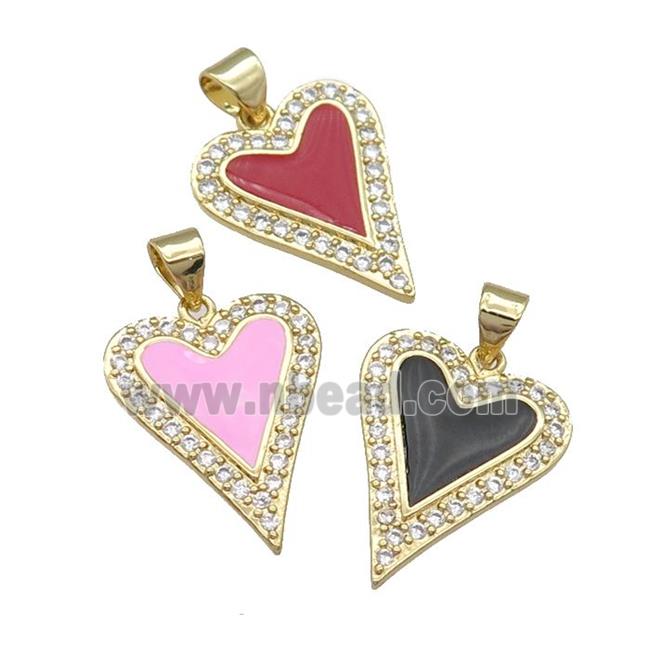 copper heart pendant pave zircon, enamel, gold plated, mixed