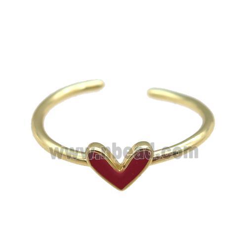 copper Ring with red enamel heart, gold plated