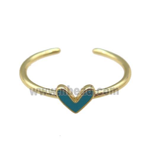 copper Ring with teal enamel heart, gold plated