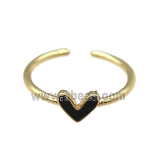 copper Ring with black enamel heart, gold plated