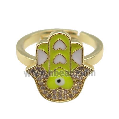copper Ring pave zircon with yellow enamel hamsahand, gold plated