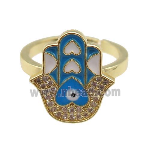 copper Ring pave zircon with blue enamel hamsahand, gold plated