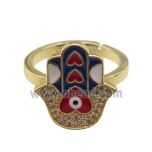 copper Ring pave zircon with enamel hamsahand, gold plated