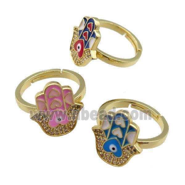 copper Ring pave zircon with enamel hamsahand, gold plated, mixed