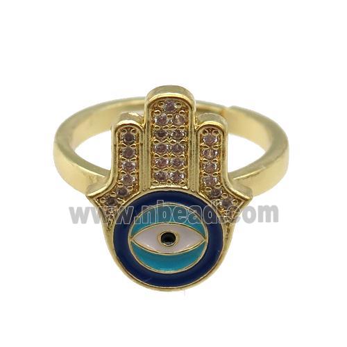 copper Ring pave zircon with enamel evil eye, hamsahand, gold plated